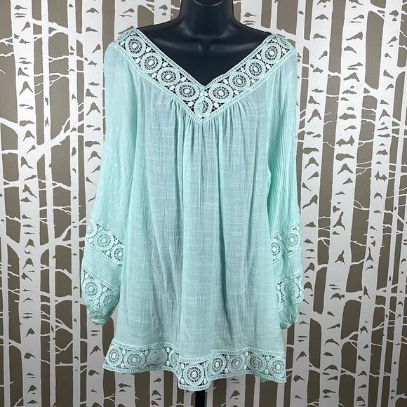 indigo soul Tops - Indigo Soul Gauze Crochet Lace Trim Balloon Sleeve Tunic Top 2XL